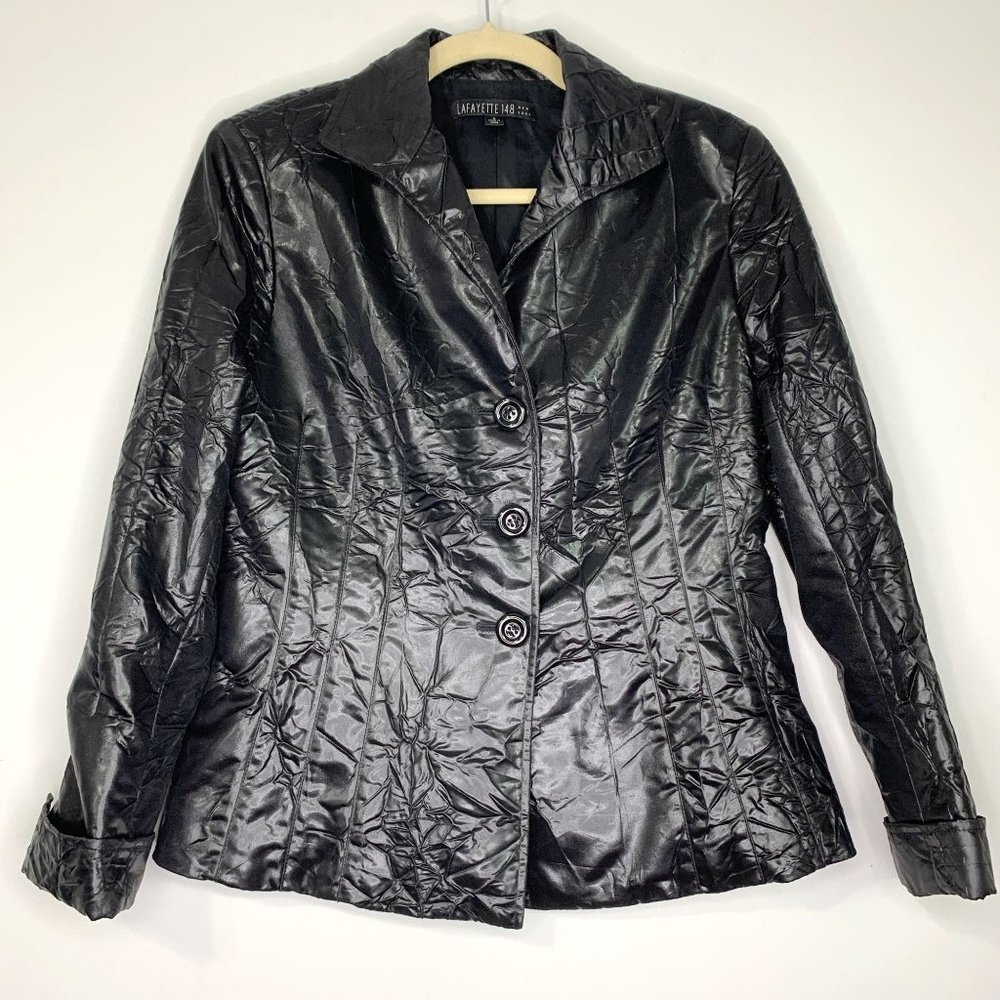 LAFAYETTE 148 NEW YORK Black Crinkled‎ Shine Acetate Faux Leather Jacket Sz 6